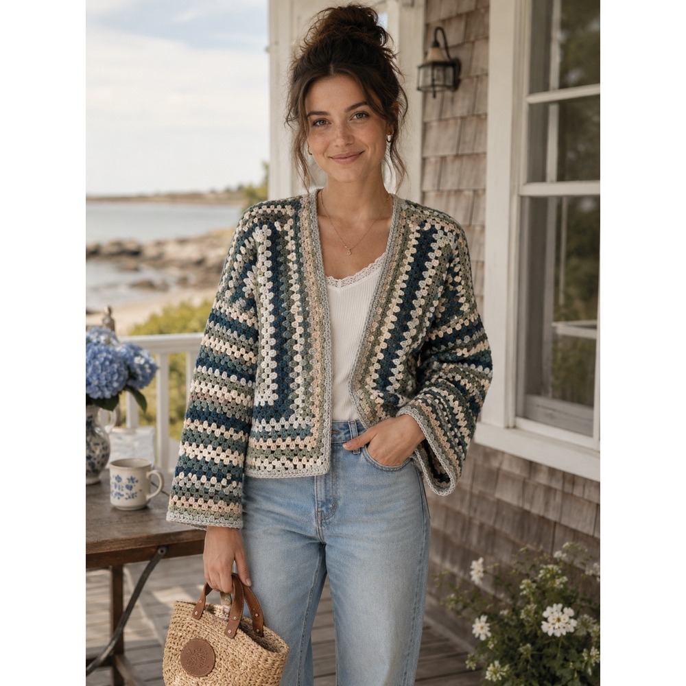 Handmade Open Knit Crochet‎ Granny Square Hexagon Cardigan Crop Coastal Boho 0S